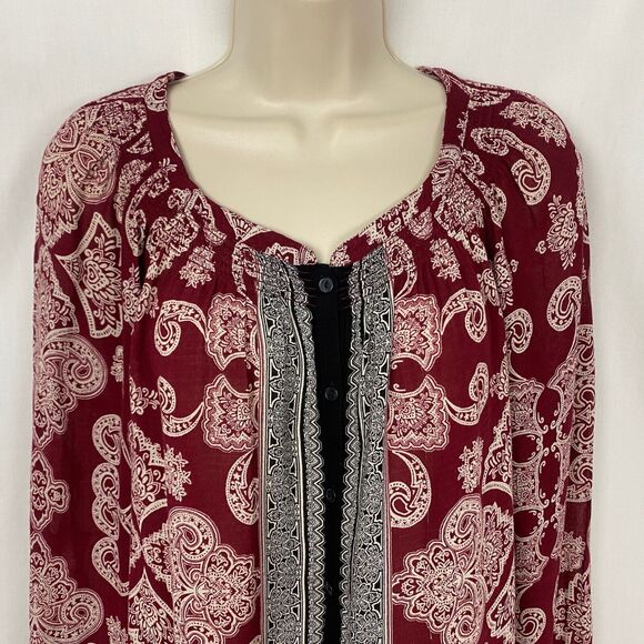 Lucky Brand Tunic Top Womens Small Boho Paisley Button Down Smocked Semi Sheer - Picture 4 of 10